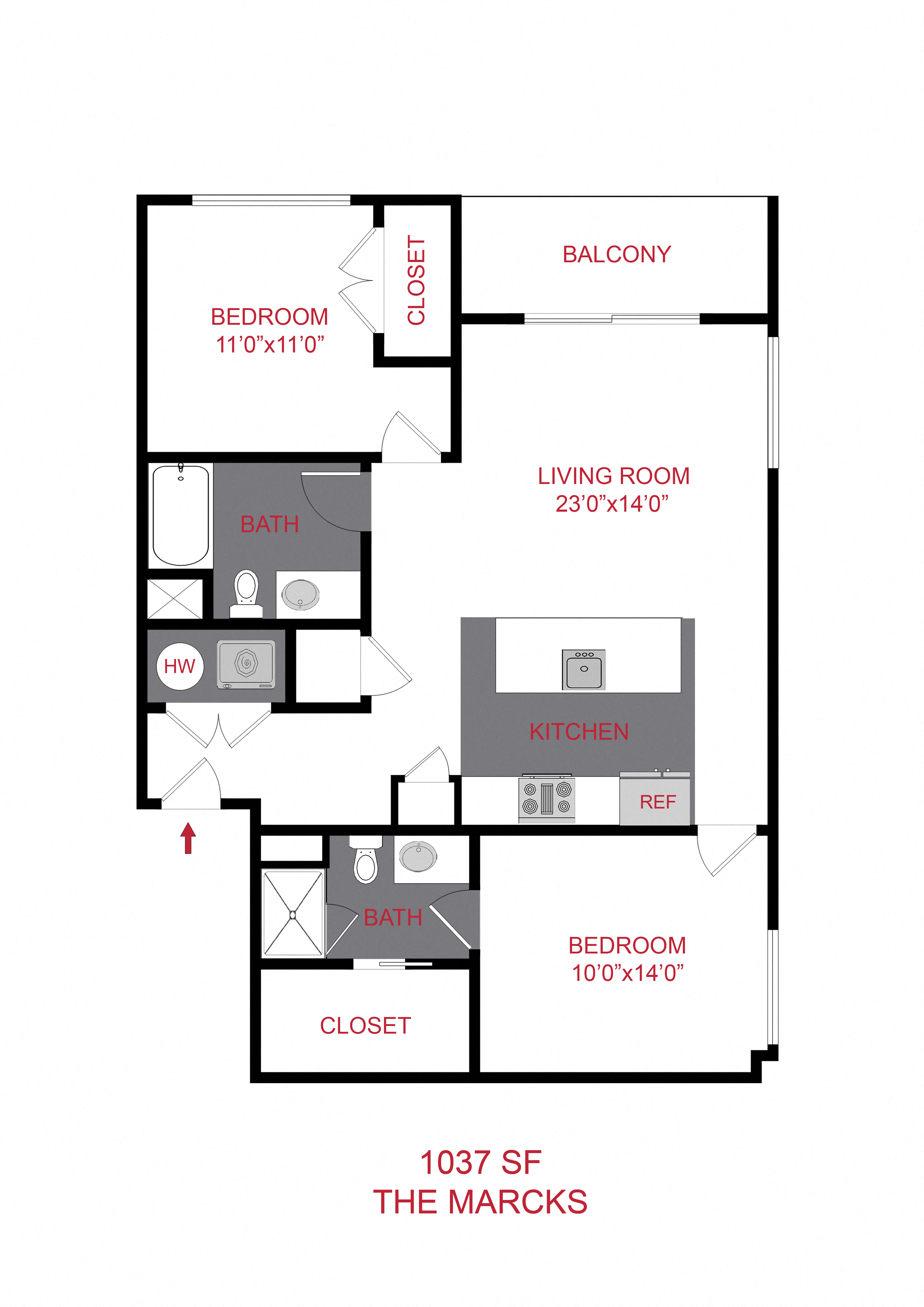 Floor plan for 2 beds, 2 baths, 1037 sqft